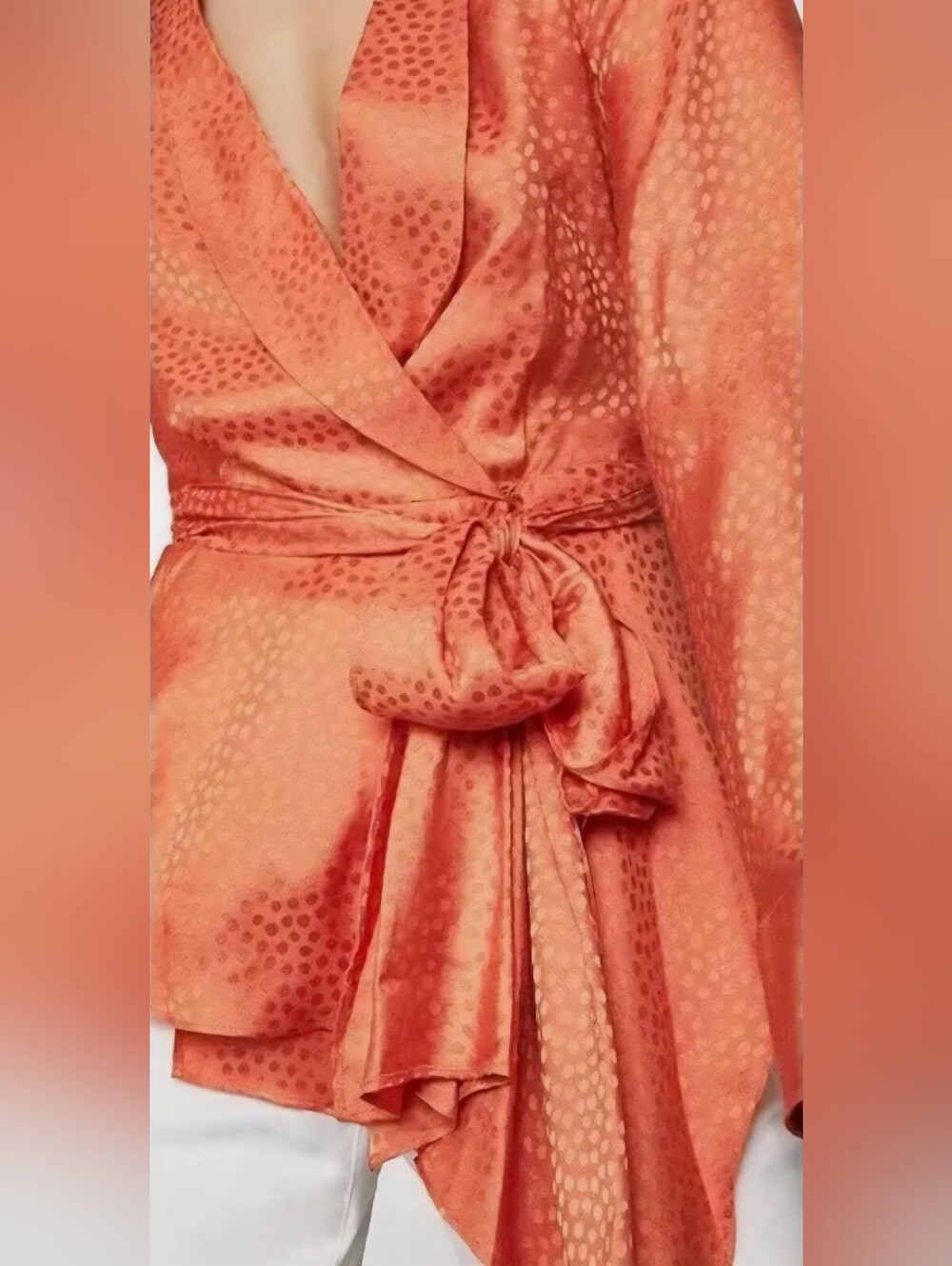 BCBG Max Azria | Textured Satin Bell Sleeve Wrap Top Blouse | Papaya | XS - Picture 6 of 12